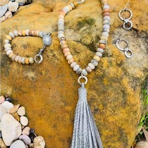 Uniquely beautiful leather and beaded necklace, bracelet and earring set